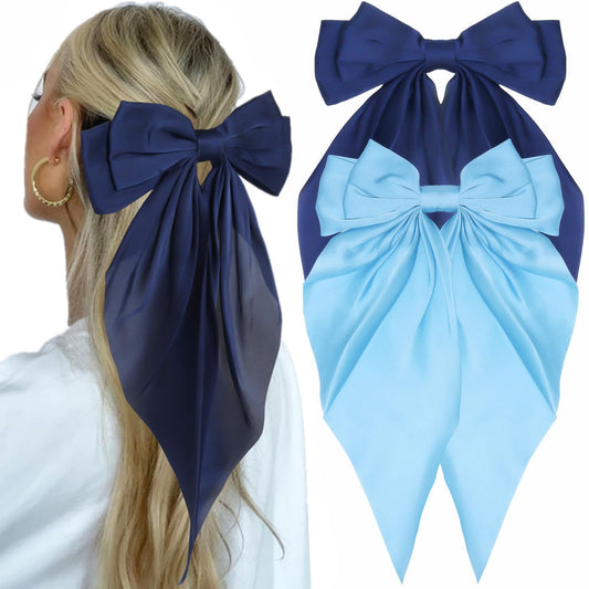 JOYRUBY front view of navy satin bows showing elegant shape and shine