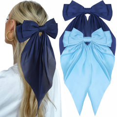 JOYRUBY front view of navy satin bows showing elegant shape and shine