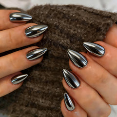 JOYVVEW front packaging showing 30 chrome press-on nails and included tools for easy styling