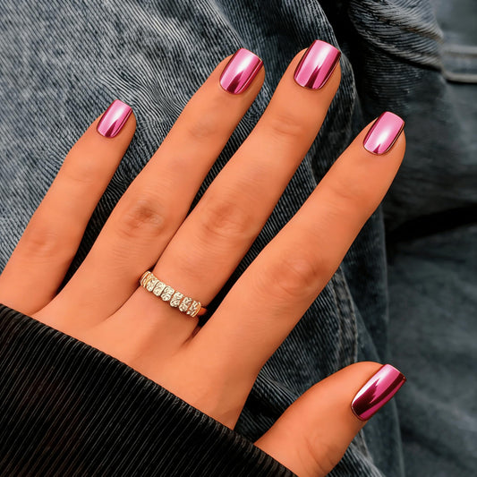 JOYVVEW front packaging showing chrome pink press-on nails and benefits