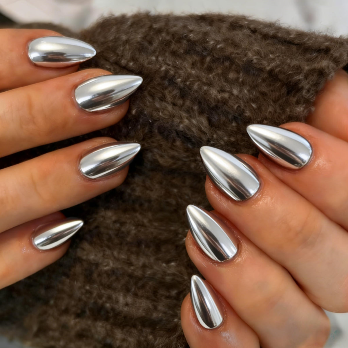 JOYVVEW front packaging showing glossy chrome short almond nails and benefits