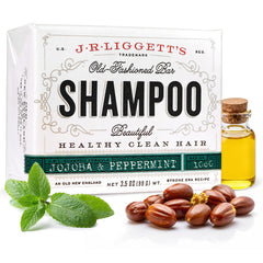 J·R·LIGGETT'S front packaging showing jojoba peppermint bar, highlights natural ingredients and benefit of gentle cleansing