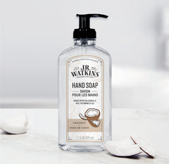 J.R. Watkins placed on bathroom sink suggesting pleasant scent and daily use