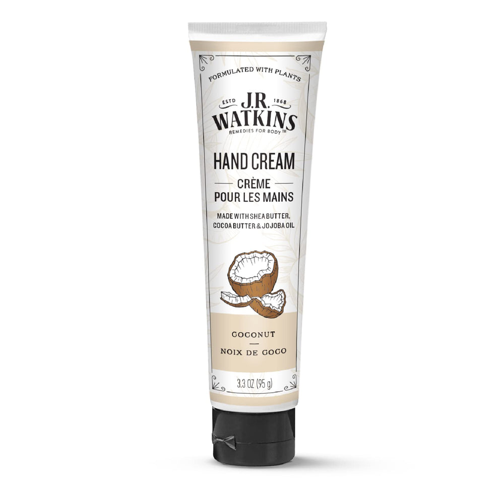 J.R. Watkins coconut front packaging showing 3.3oz tube and benefit of hydration