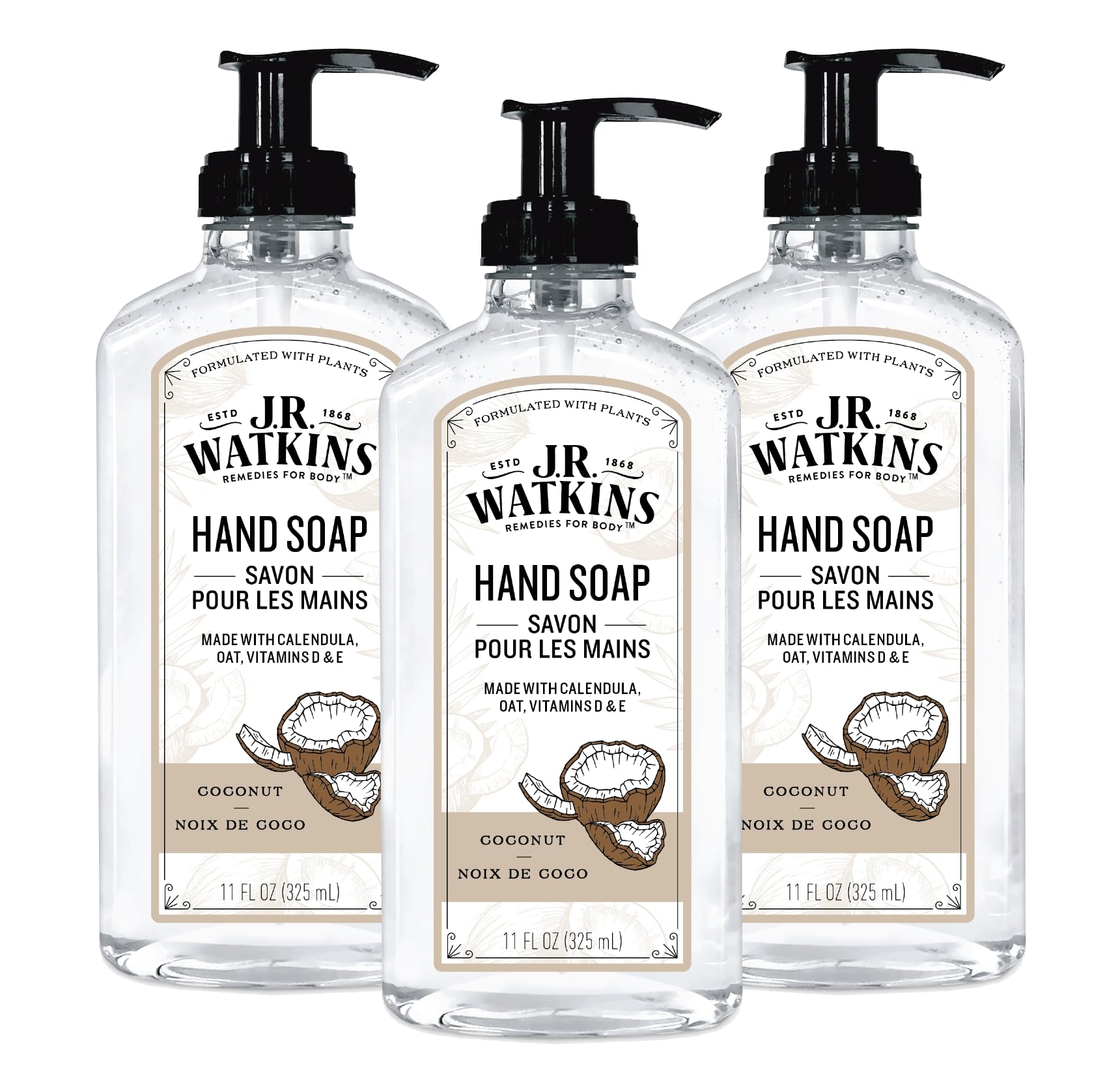 J.R. Watkins front packaging showing three coconut-scented bottles and tidy storage
