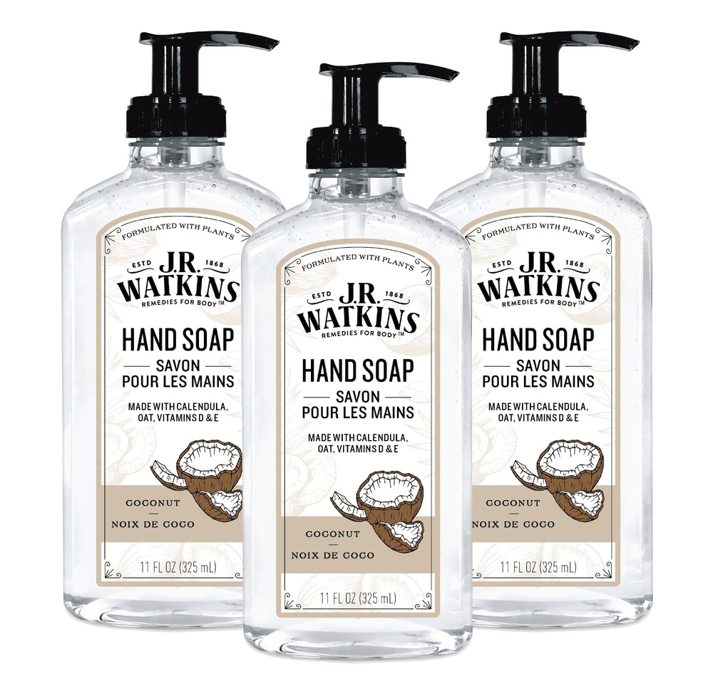 J.R. Watkins front packaging showing three coconut-scented bottles and tidy storage