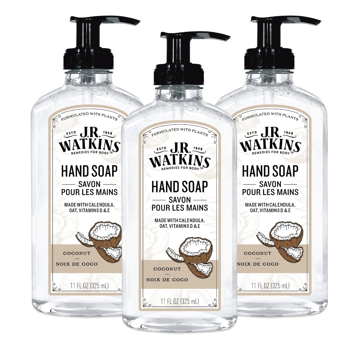 J.R. Watkins front packaging showing three coconut-scented bottles and tidy storage