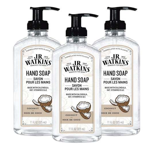 J.R. Watkins front packaging showing three coconut-scented bottles and tidy storage