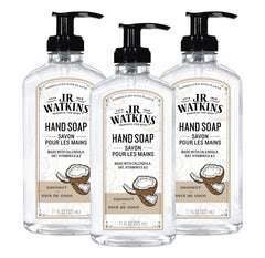 J.R. Watkins front packaging showing three coconut-scented bottles and tidy storage