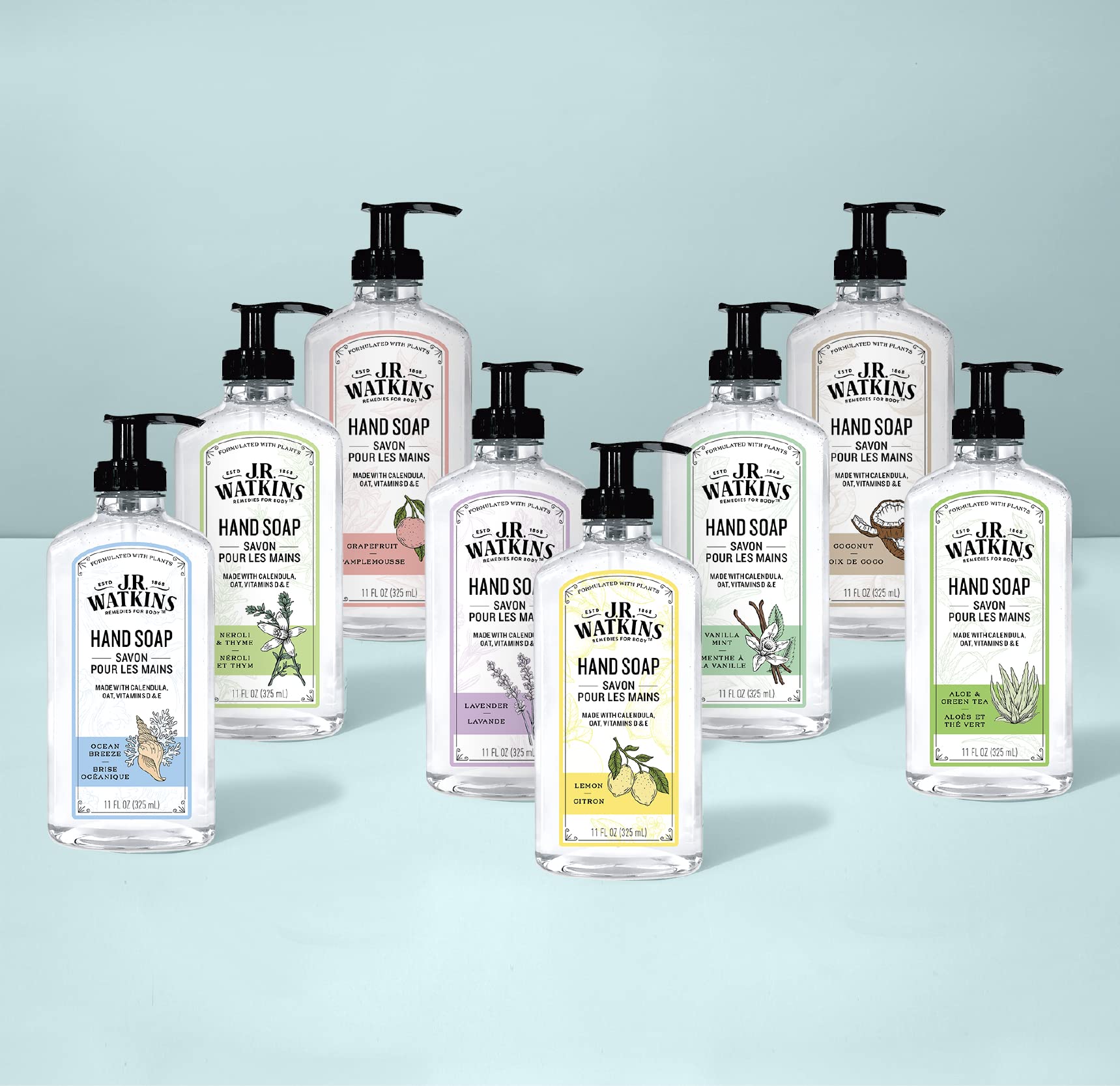 J.R. Watkins bottle by kitchen sink in use for quick, non-drying handwash