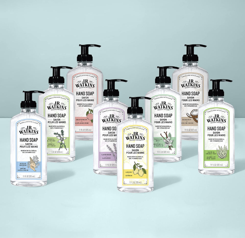 J.R. Watkins bottle by kitchen sink in use for quick, non-drying handwash
