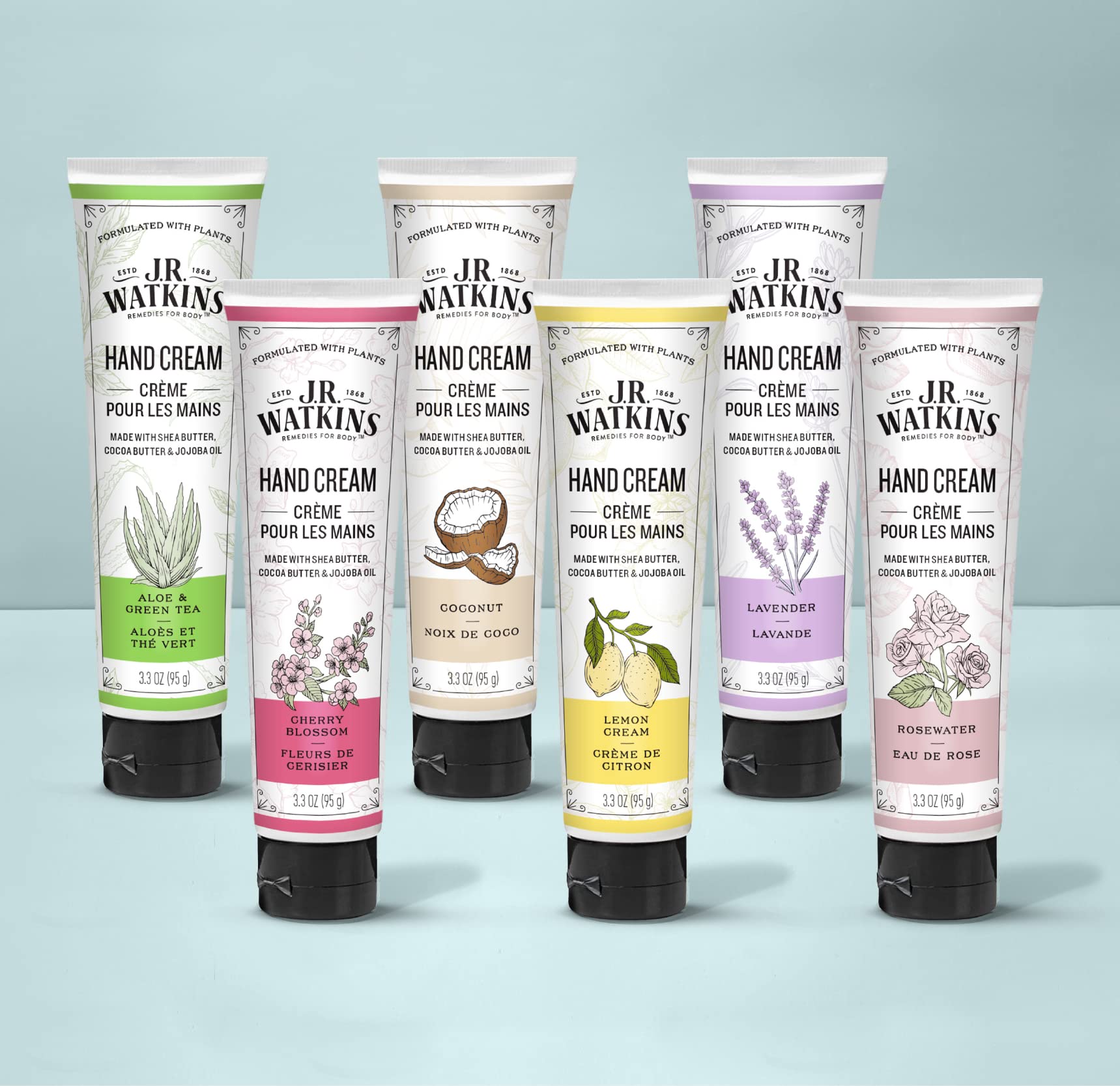 J.R. Watkins with shea and cocoa butter visuals, shows nourishing botanical oils.