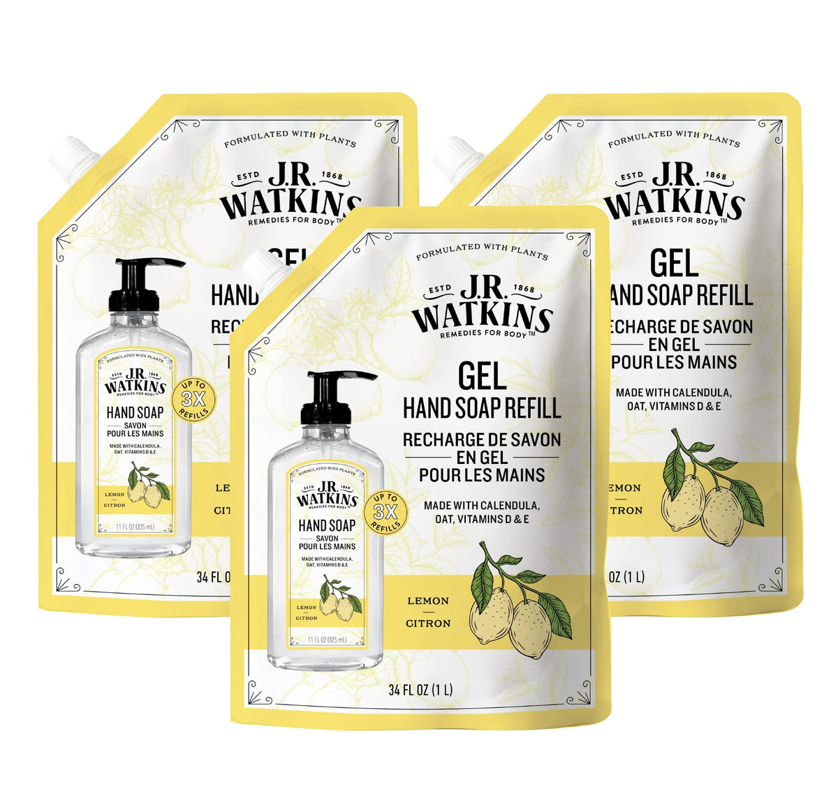J.R. Watkins front packaging showing lemon refill pouch and benefits