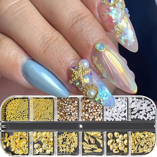 Jremg front packaging showing 12-grid seashell starfish charms with clear organization and variety benefit