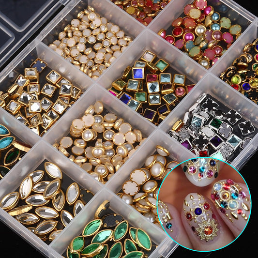 Jremg close-up of a single grid displaying colorful alloy rhinestones with metallic luster