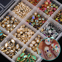 Jremg close-up of a single grid displaying colorful alloy rhinestones with metallic luster