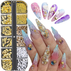 Jremg close-up of grid contents revealing gold alloy charms pearls and rhinestones for design flexibility