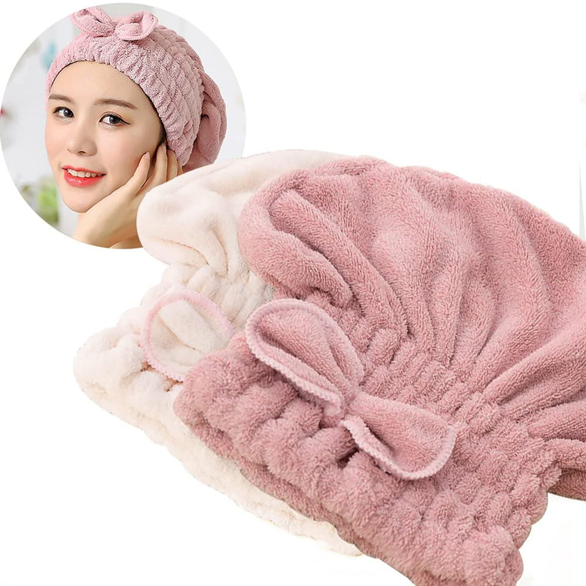 Jseng front view of two microfiber drying caps showing compact pack and quick-dry benefit