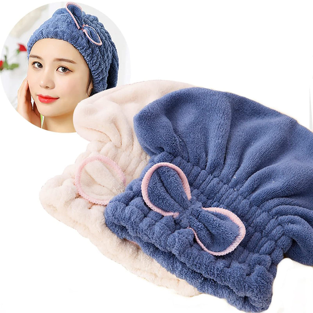 Jseng front view of two microfiber drying caps shows soft fabric benefit