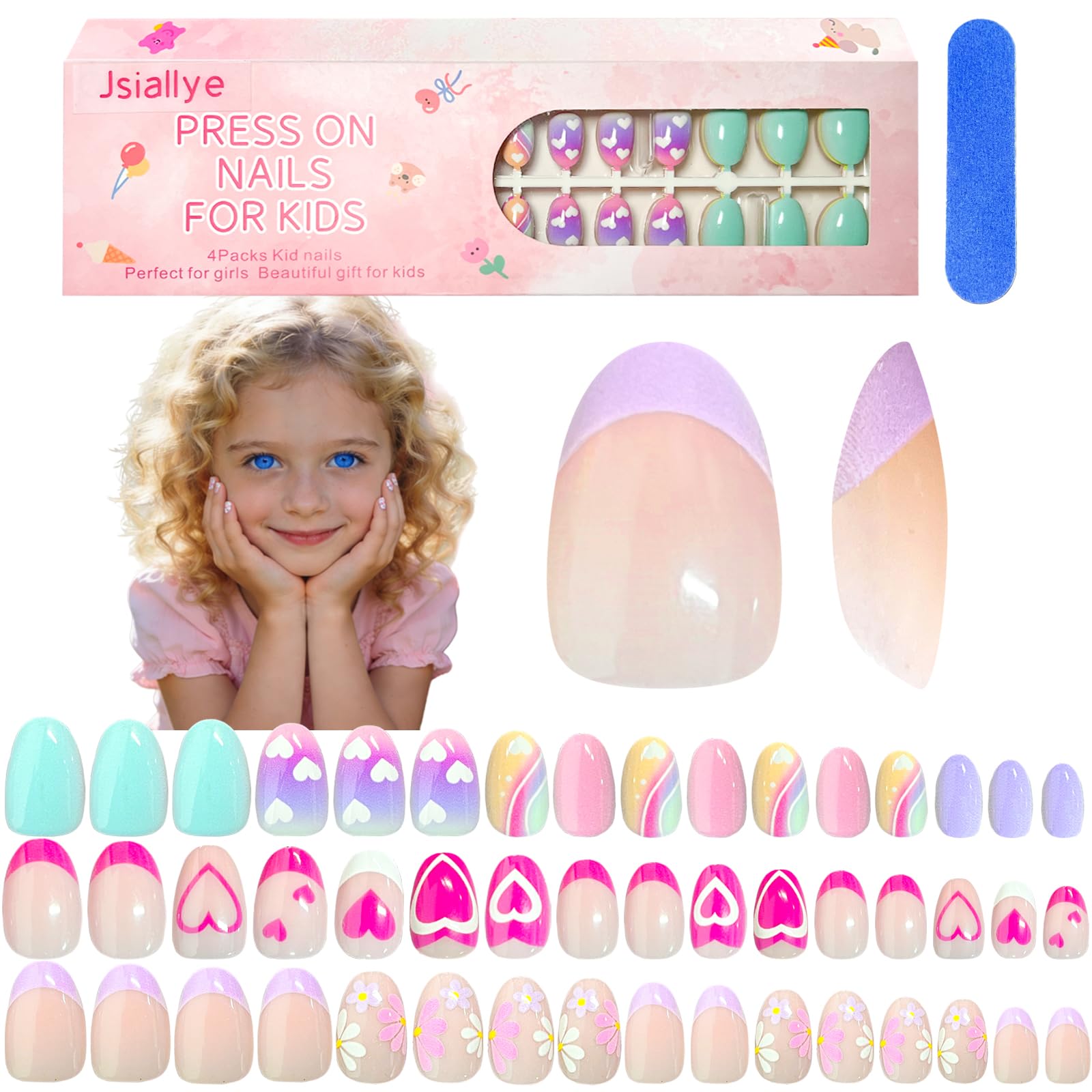 Jsiallye front packaging showing purple short oval nails and included contents for easy play