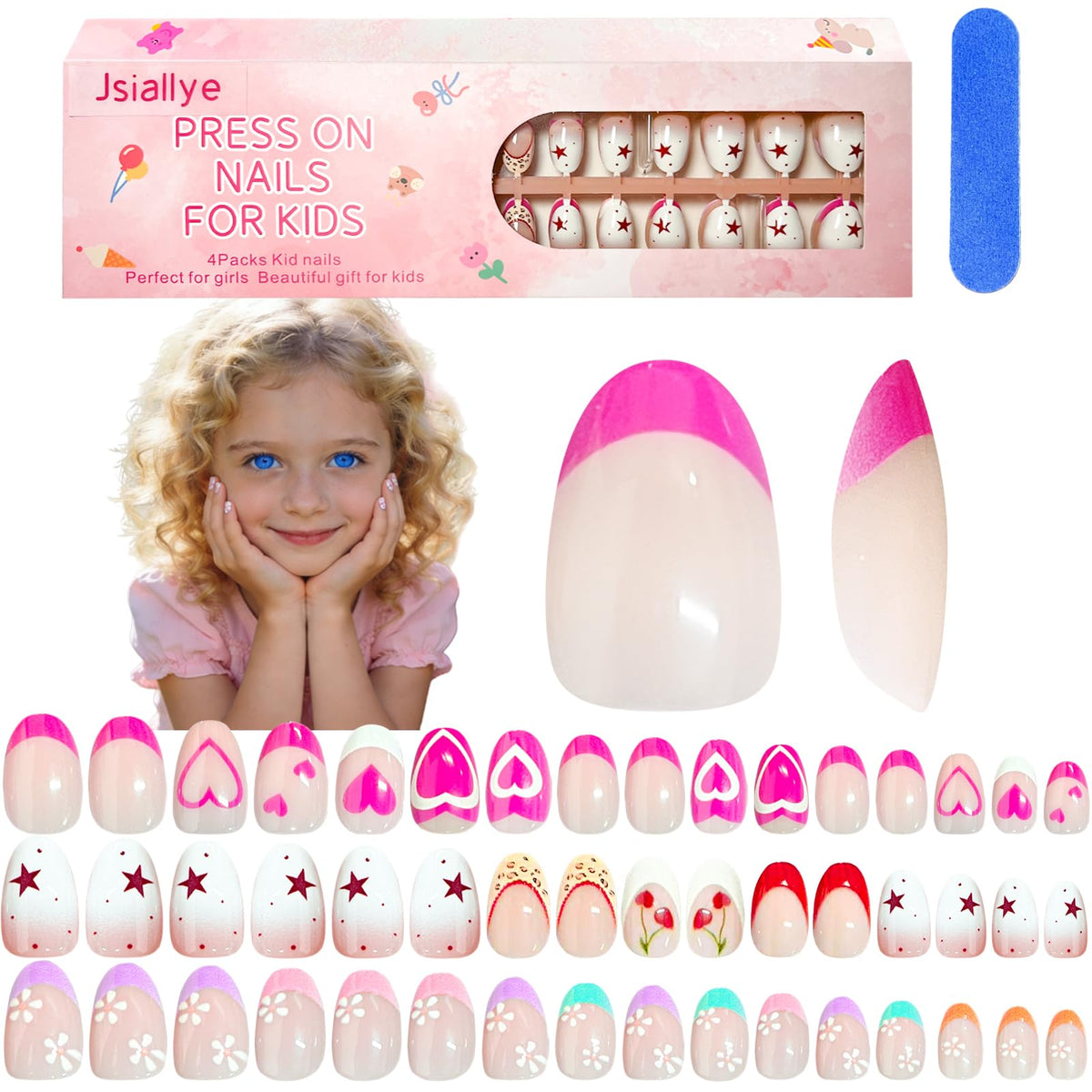 Jsiallye front packaging showing all 96 short press-on nails, easy gifting benefit