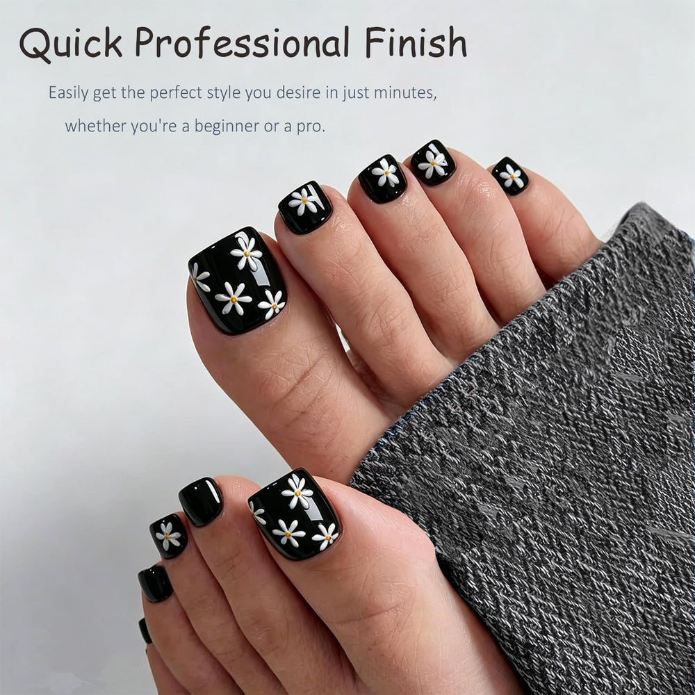 Jsiallye press-on toenails applied on toes for quick pedicure
