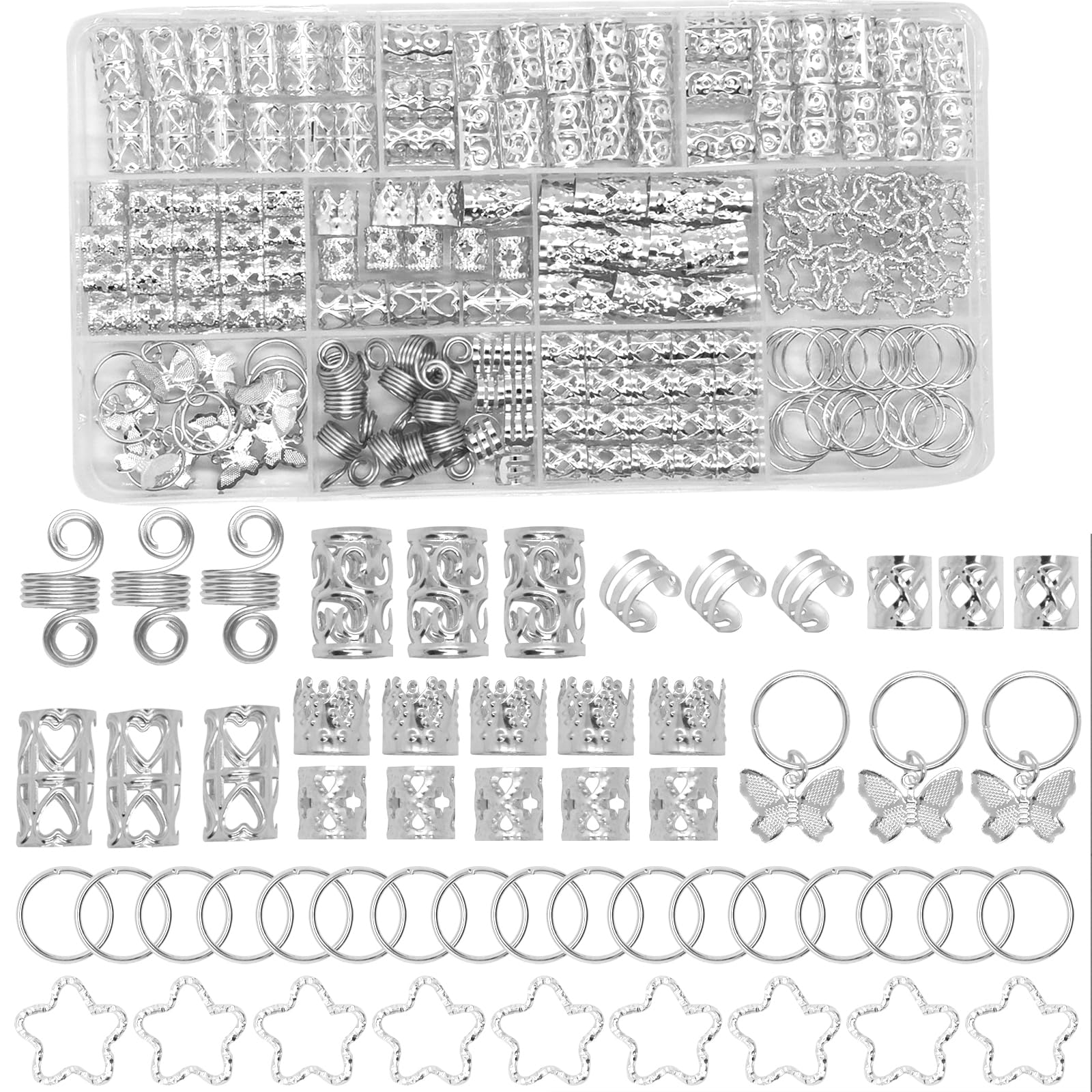 JUCCPUL front packaging showing full 200-piece silver assortment for styling