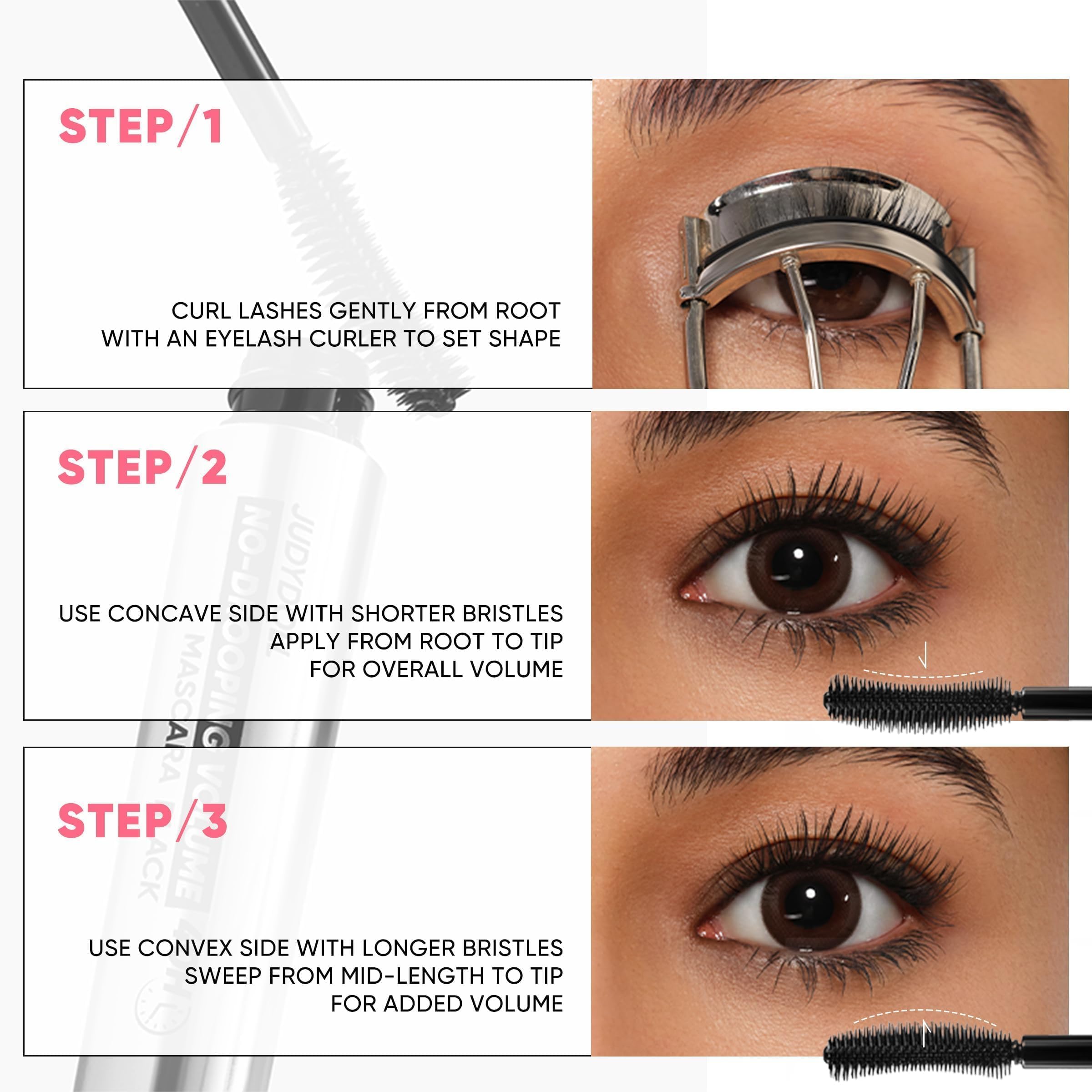 JUDYDOLL mascara applied on eye model for fanned, smudge-resistant lash effect