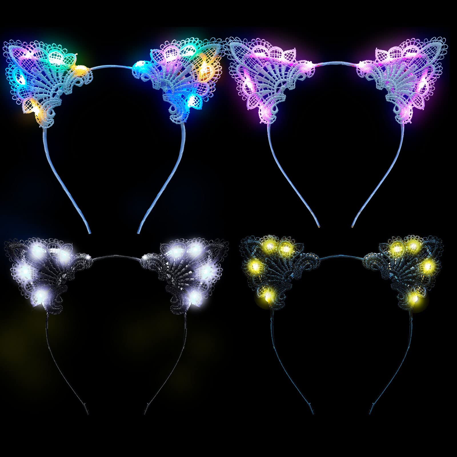 Juexica front view of four LED lace cat ear headbands for instant party style