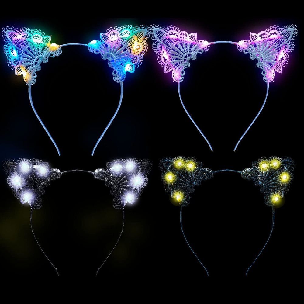 Juexica front view of four LED lace cat ear headbands for instant party style