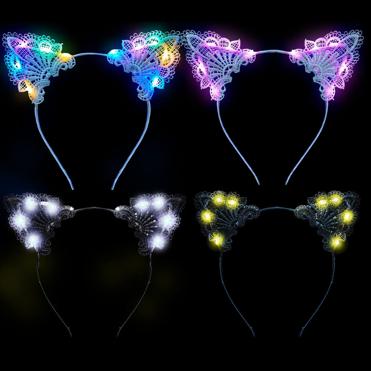 Juexica front view of four LED lace cat ear headbands for instant party style