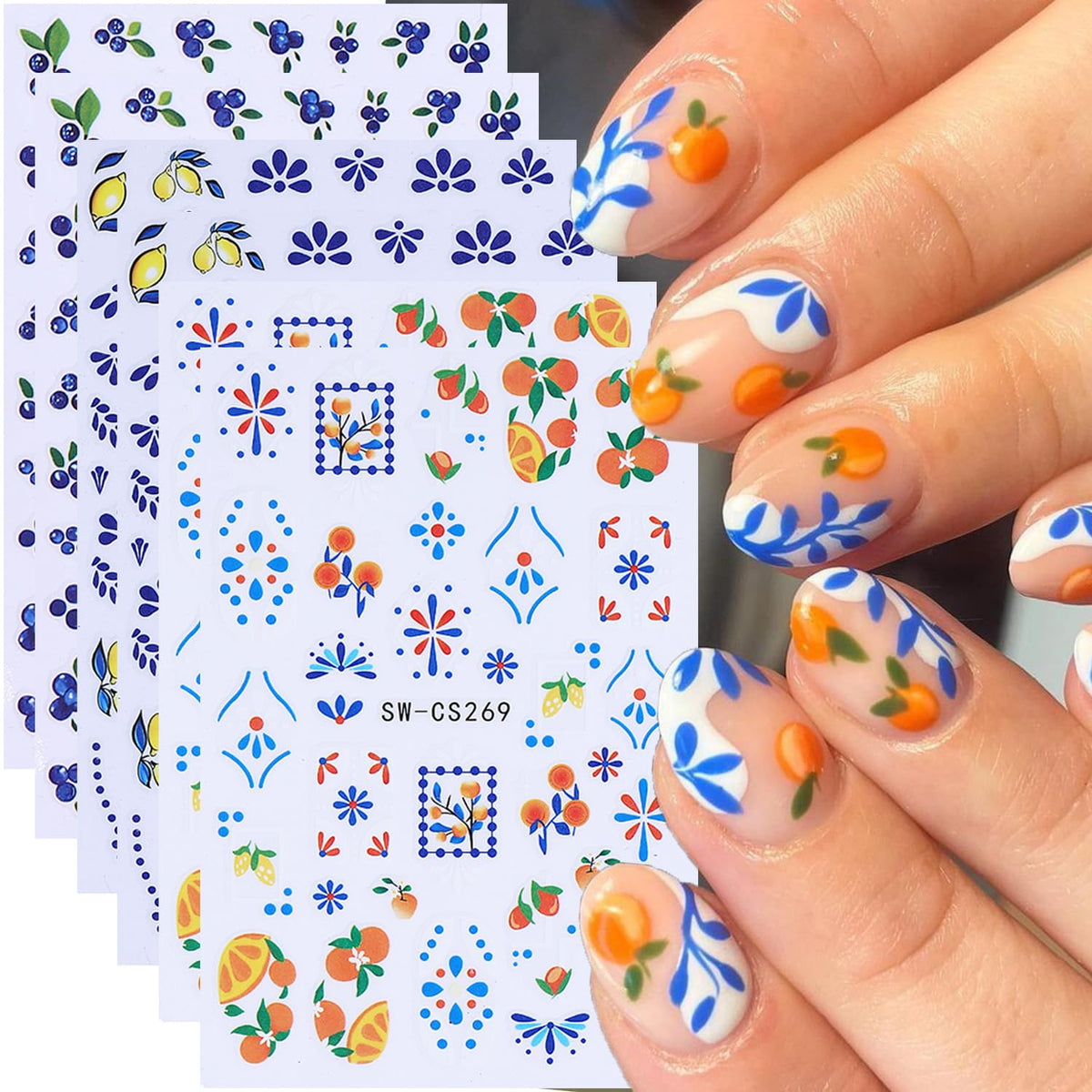 Jufenglin front packaging showing six-sheet fruit nail decal set and easy DIY benefit