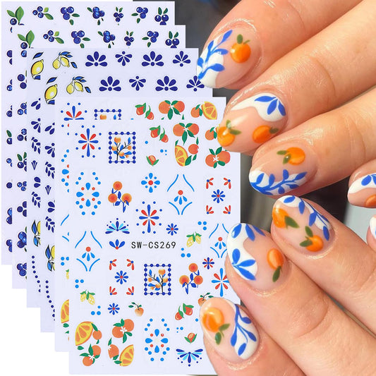 Jufenglin front packaging showing six-sheet fruit nail decal set and easy DIY benefit