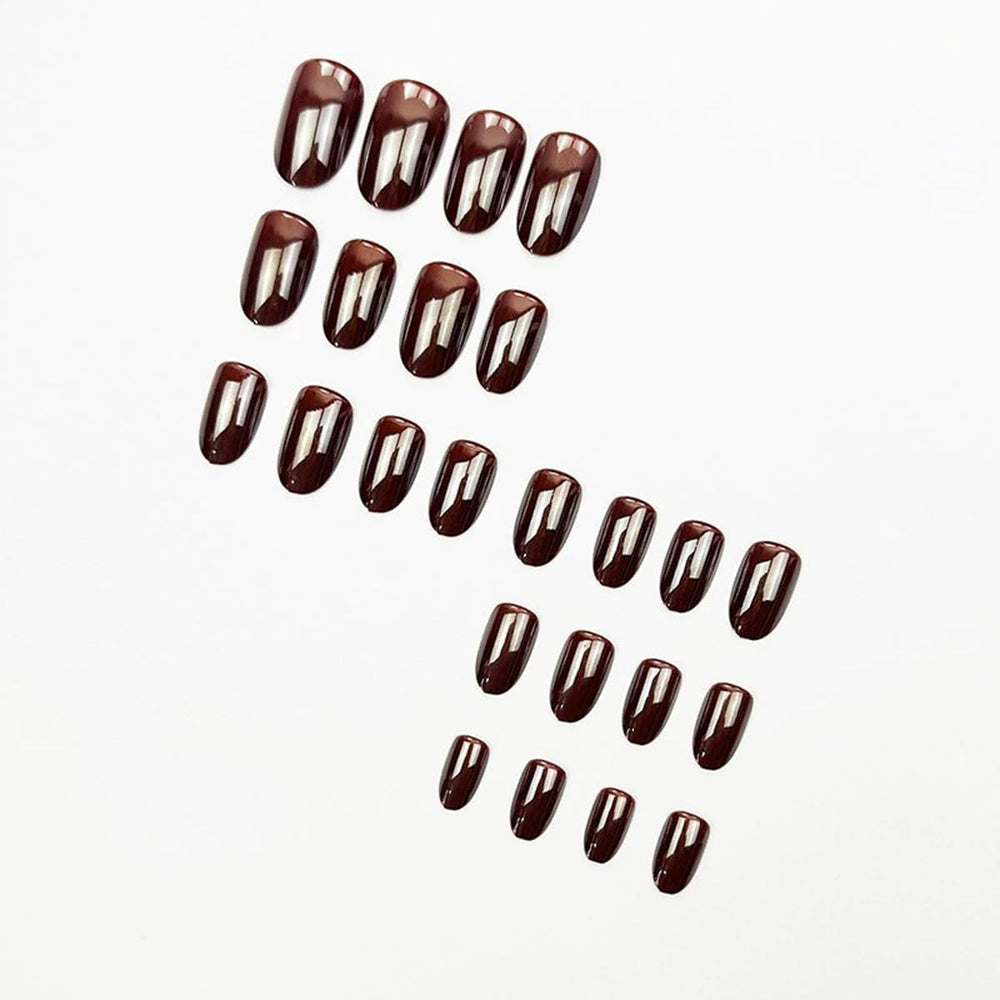 juggssa 24PCS arranged almond-shaped nails displaying sizes and glossy coffee brown finish
