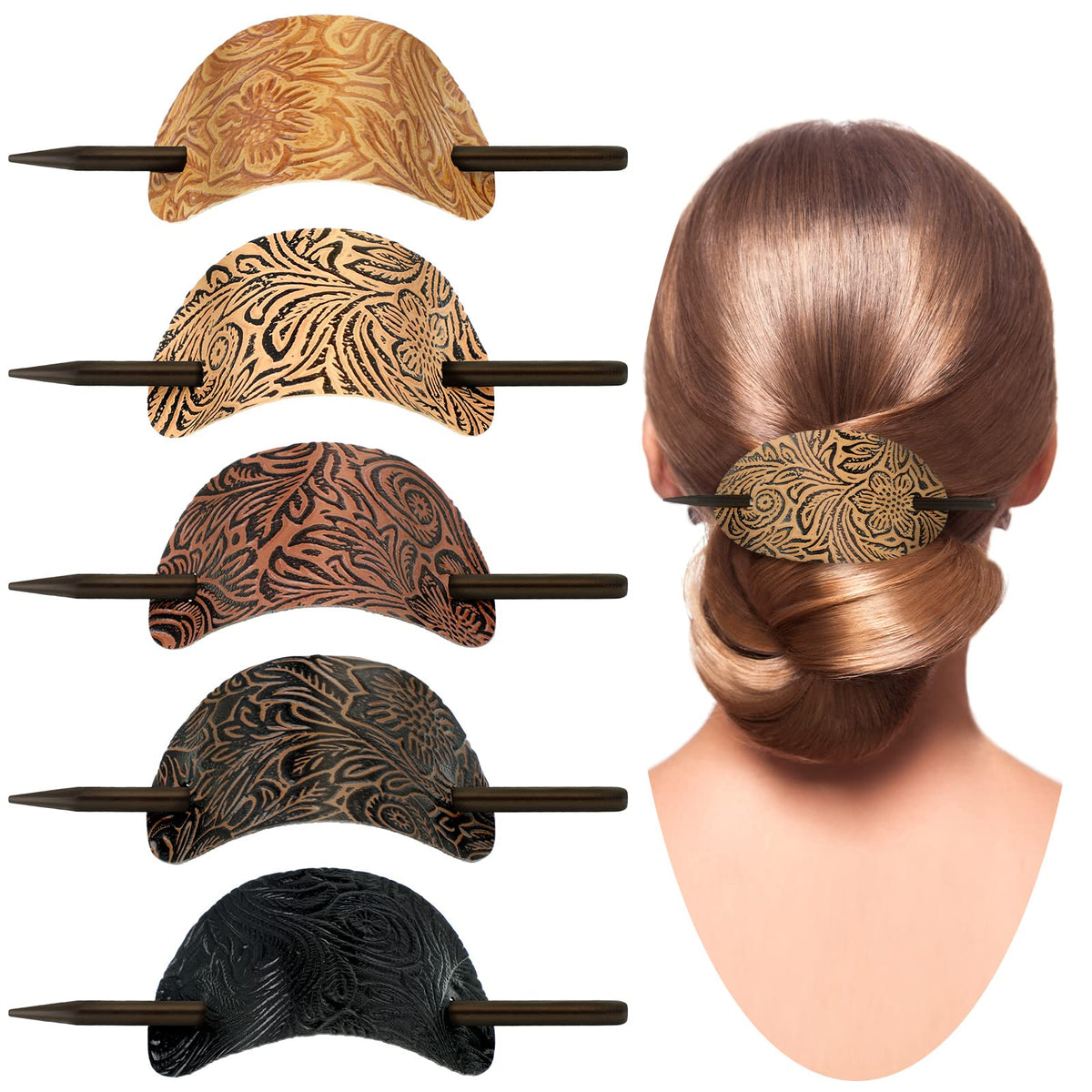 juinte front view of five oval faux leather barrettes showing variety and elegant styling benefit