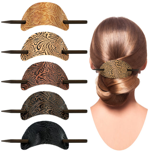 juinte front view of five oval faux leather barrettes showing variety and elegant styling benefit