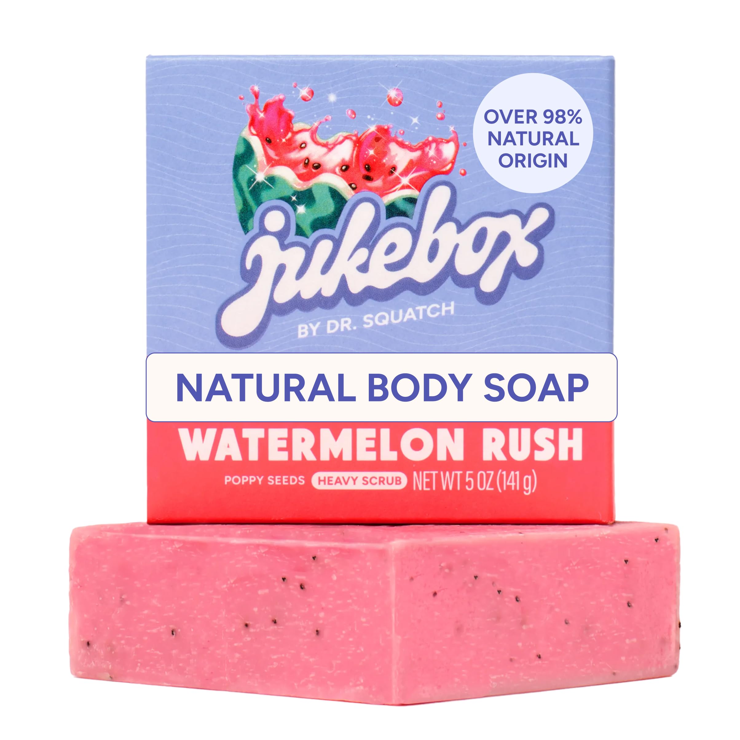 JUKEBOX bar soap front packaging showing bright watermelon design and product name benefit: clear scent cue