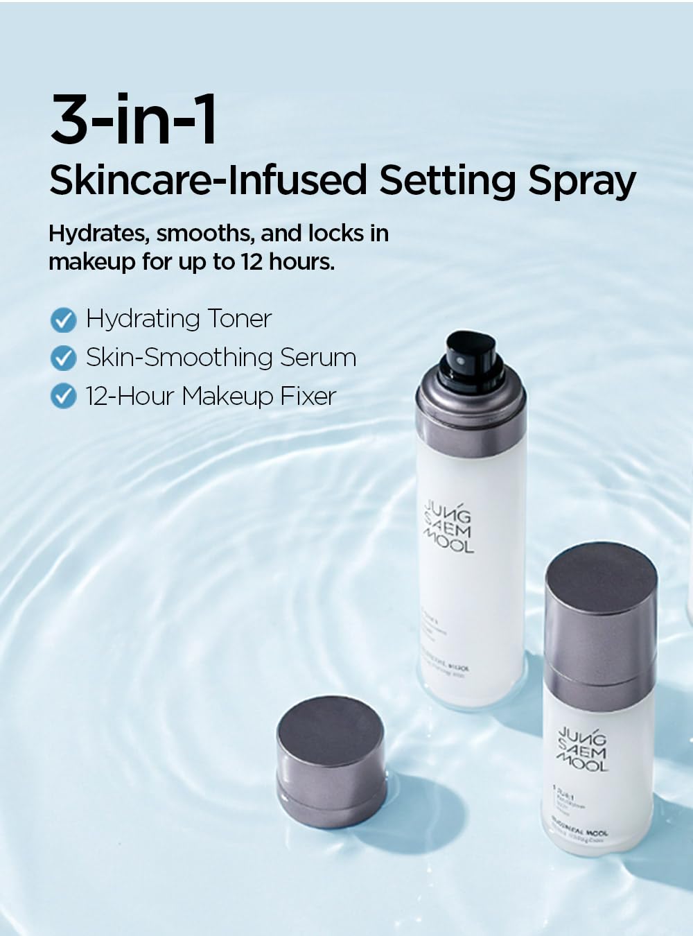 JUNG SAEM MOOL mist droplets on skin showing lightweight hydration and dewy glow