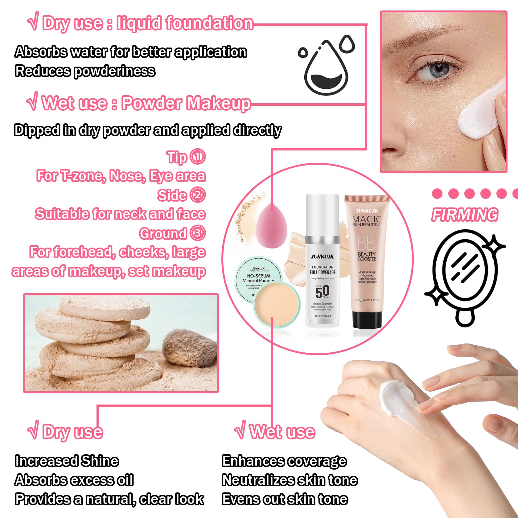 JunKuJK foundation droplet on skin during application showing adaptive shade benefit