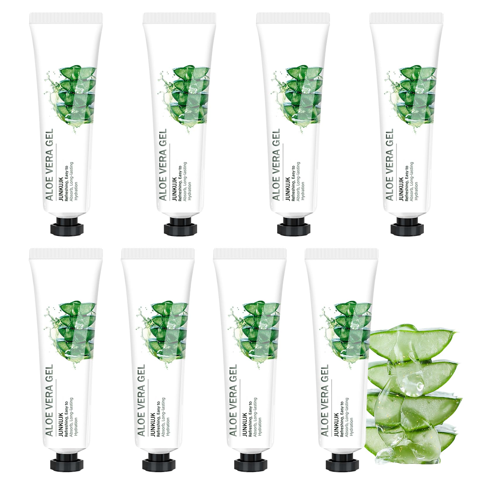 JunKuJK front packaging showing eight travel aloe gel tubes and convenience