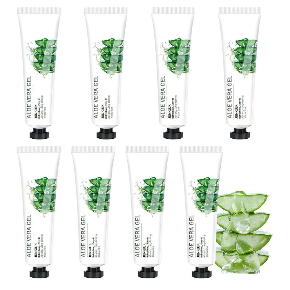 JunKuJK front packaging showing eight travel aloe gel tubes and convenience
