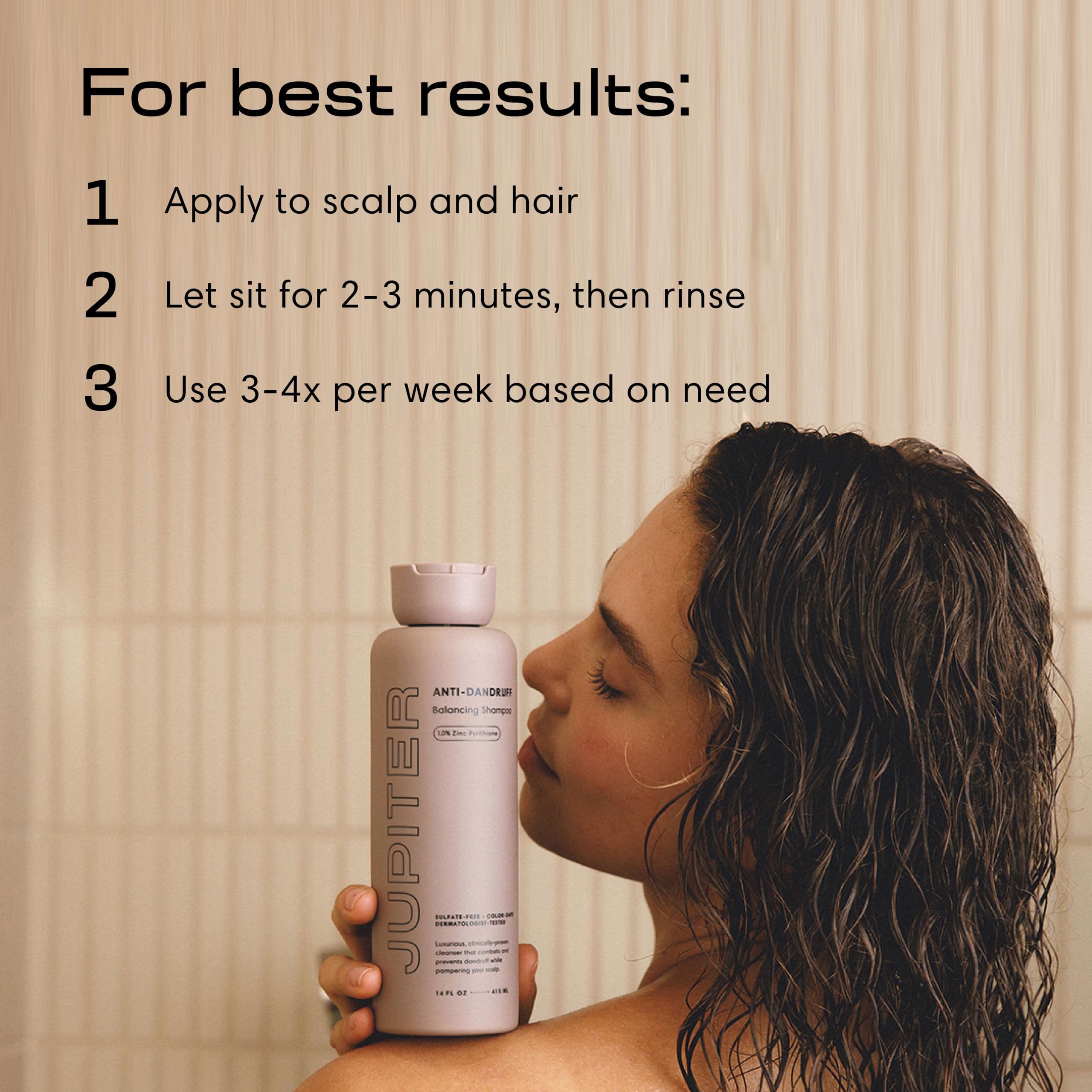 Jupiter shampoo in use in shower, shows soothing scalp care benefit