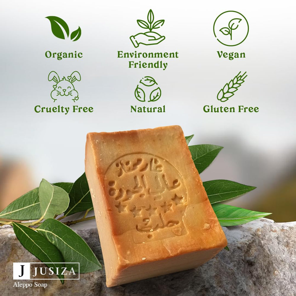 JUSIZA soap with olive and laurel oil bottles, emphasizes nourishing oils