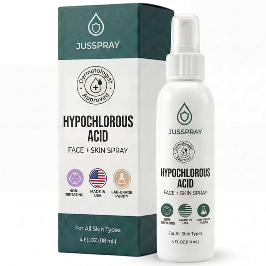 Jusspray front bottle showing clean minimalist packaging and portability benefit