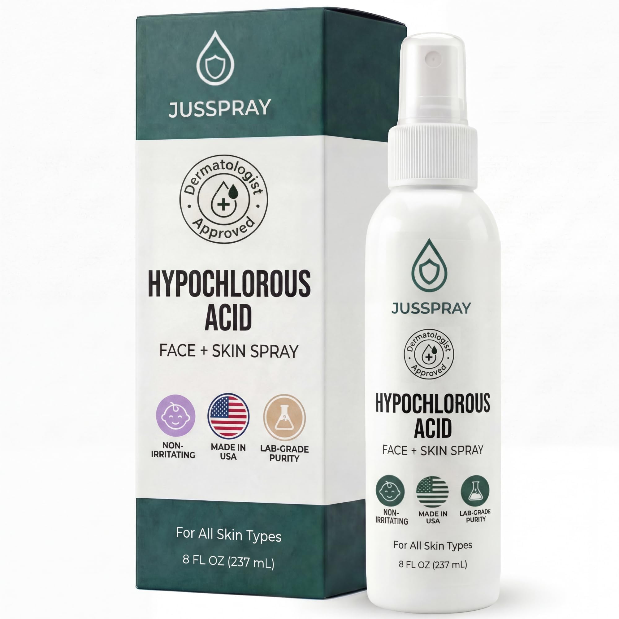 Jusspray front label on 8 oz bottle showing clean packaging and brand