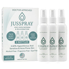 JusSpray front bottle view showing clean packaging and brand clarity benefit