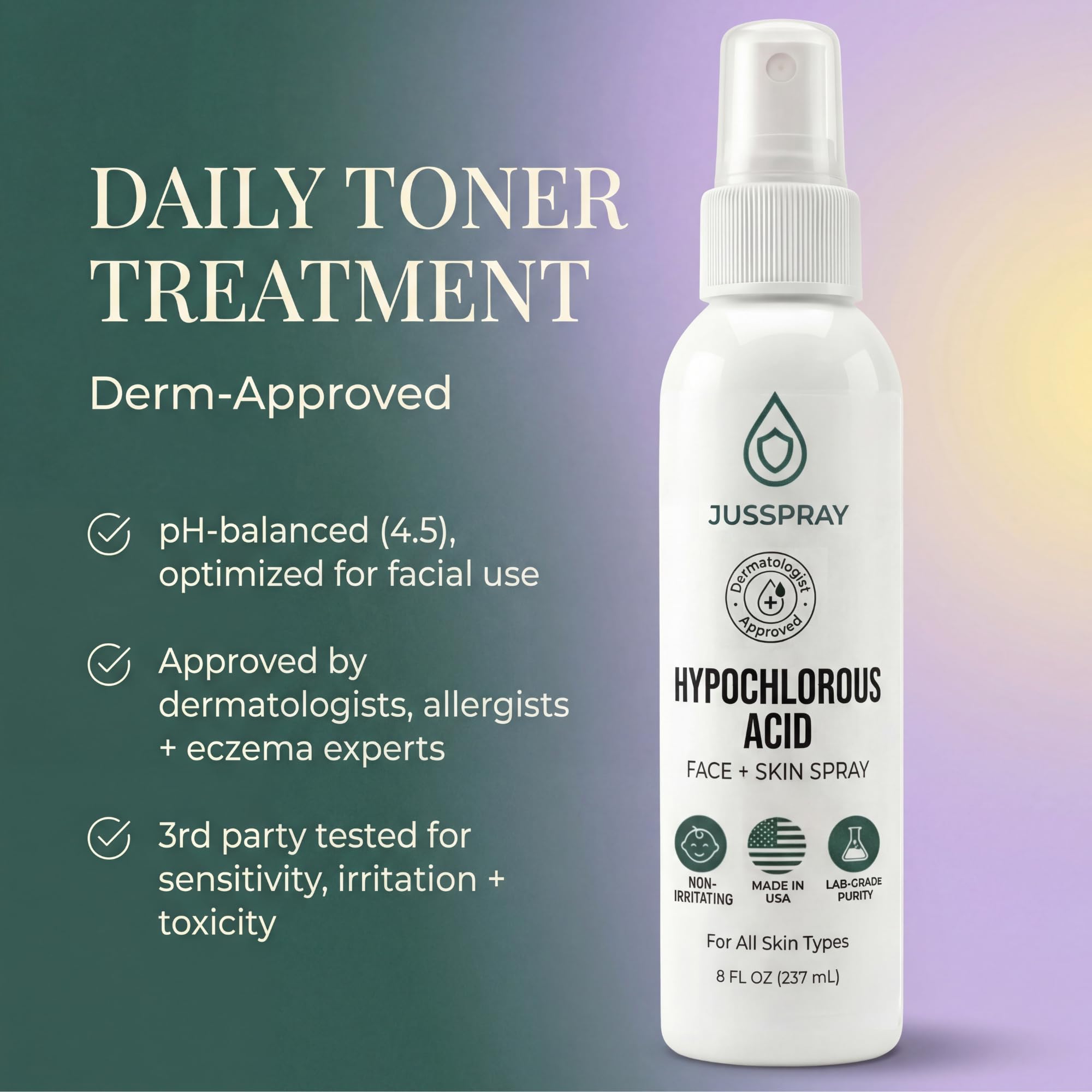 Hand holding Jusspray to show 8 oz size and easy portability