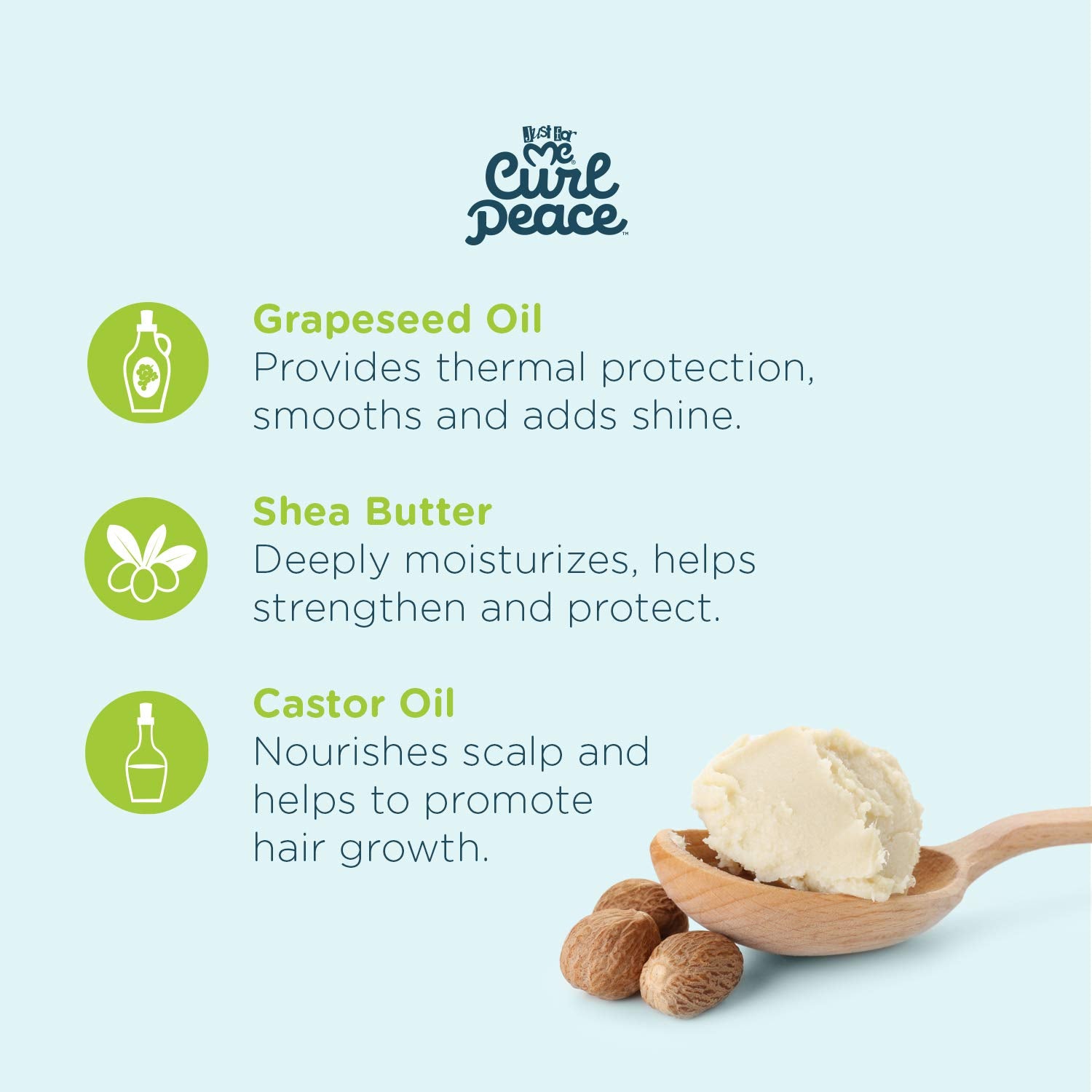 Just For Me ingredients shot with grapeseed, shea and castor visuals highlighting nourishing blend