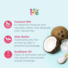 Just For Me ingredient close-up with coconut and shea visuals highlighting moisturizing benefits