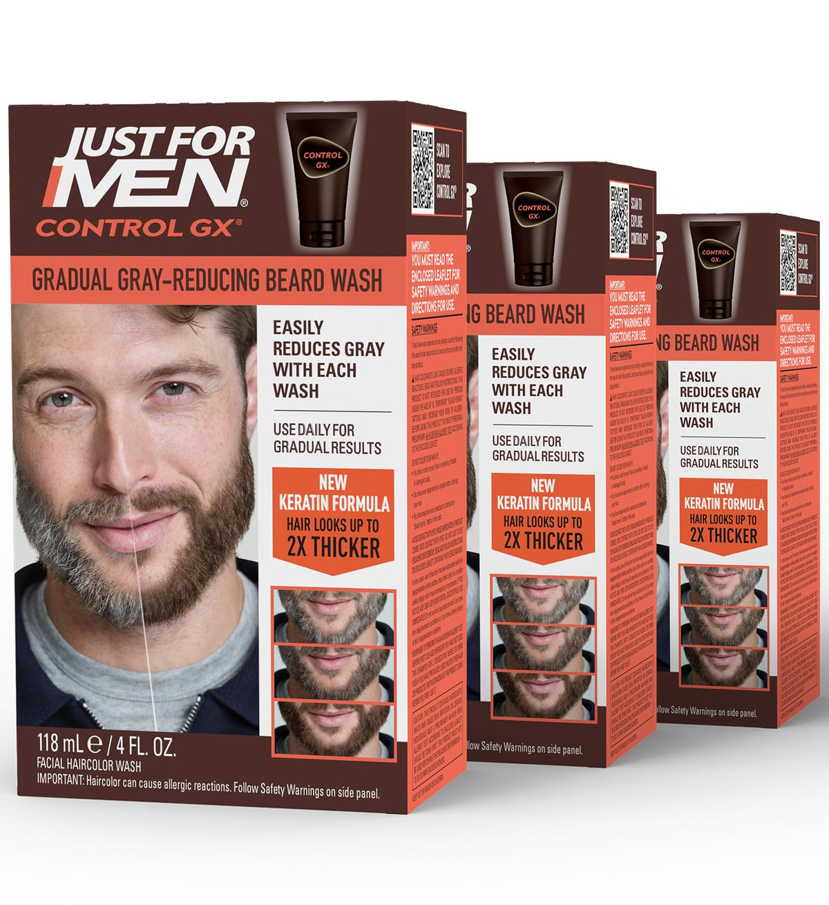 Just for Men bottle front view showing product and gradual gray control benefit